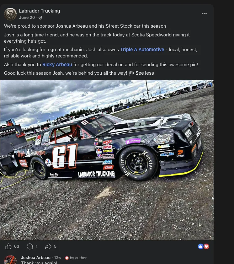 Joshua Arbeau’s black number 61 Street Stock race car with Labrador Trucking sponsorship on the side